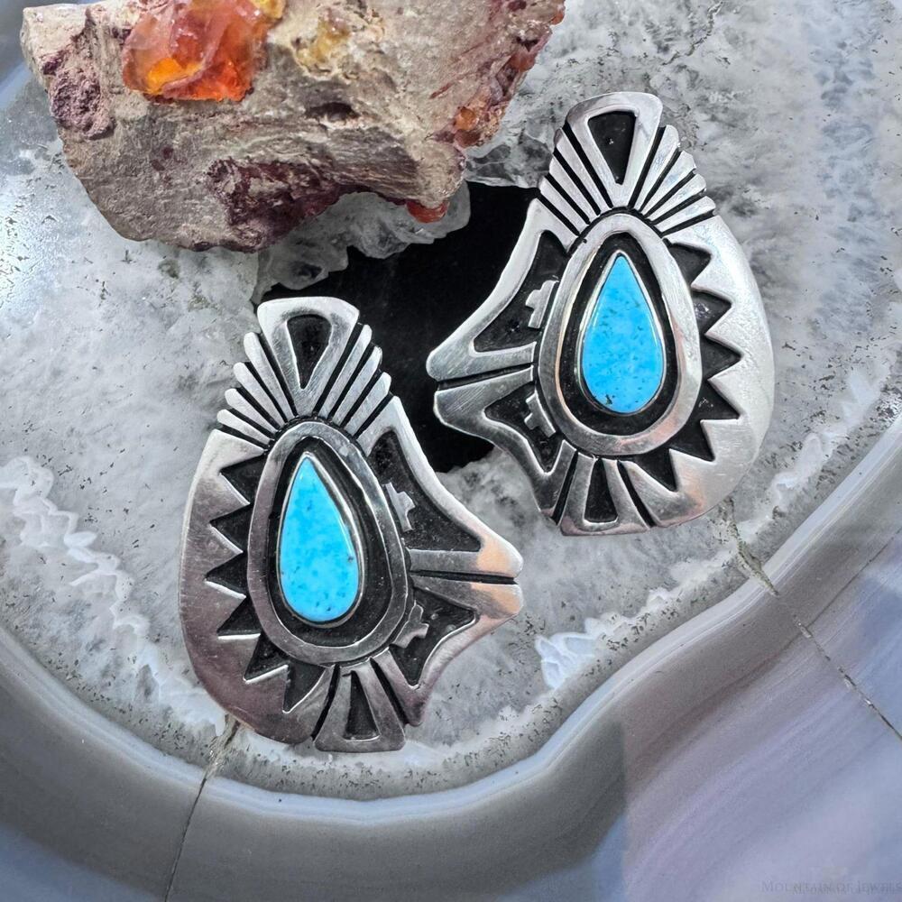 Abraham Begay Native American Sterling Teardrop Turquoise Overlay Post Earrings